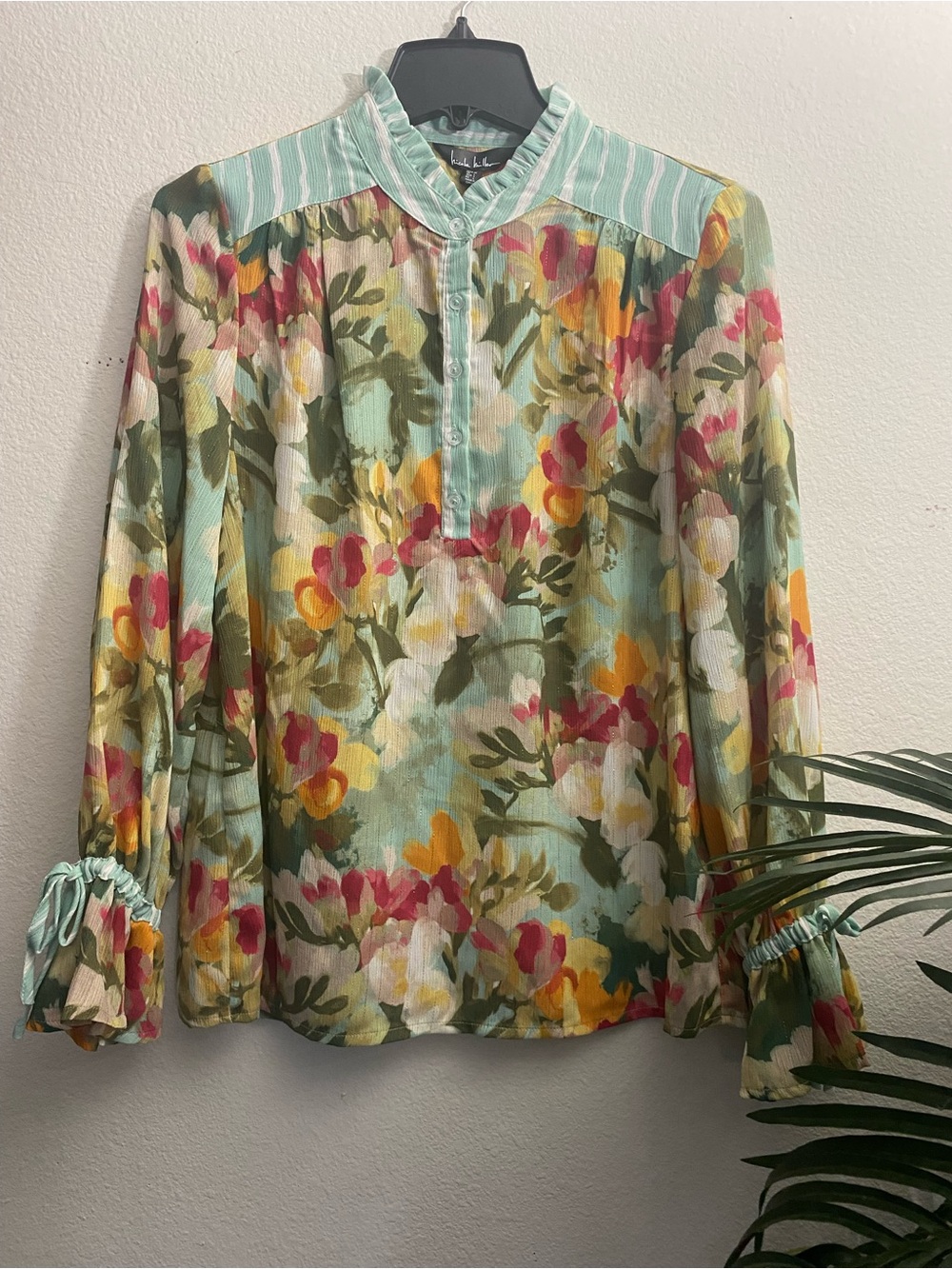 Nicole Miller Mint Floral Pintuck Ruffle Blouse